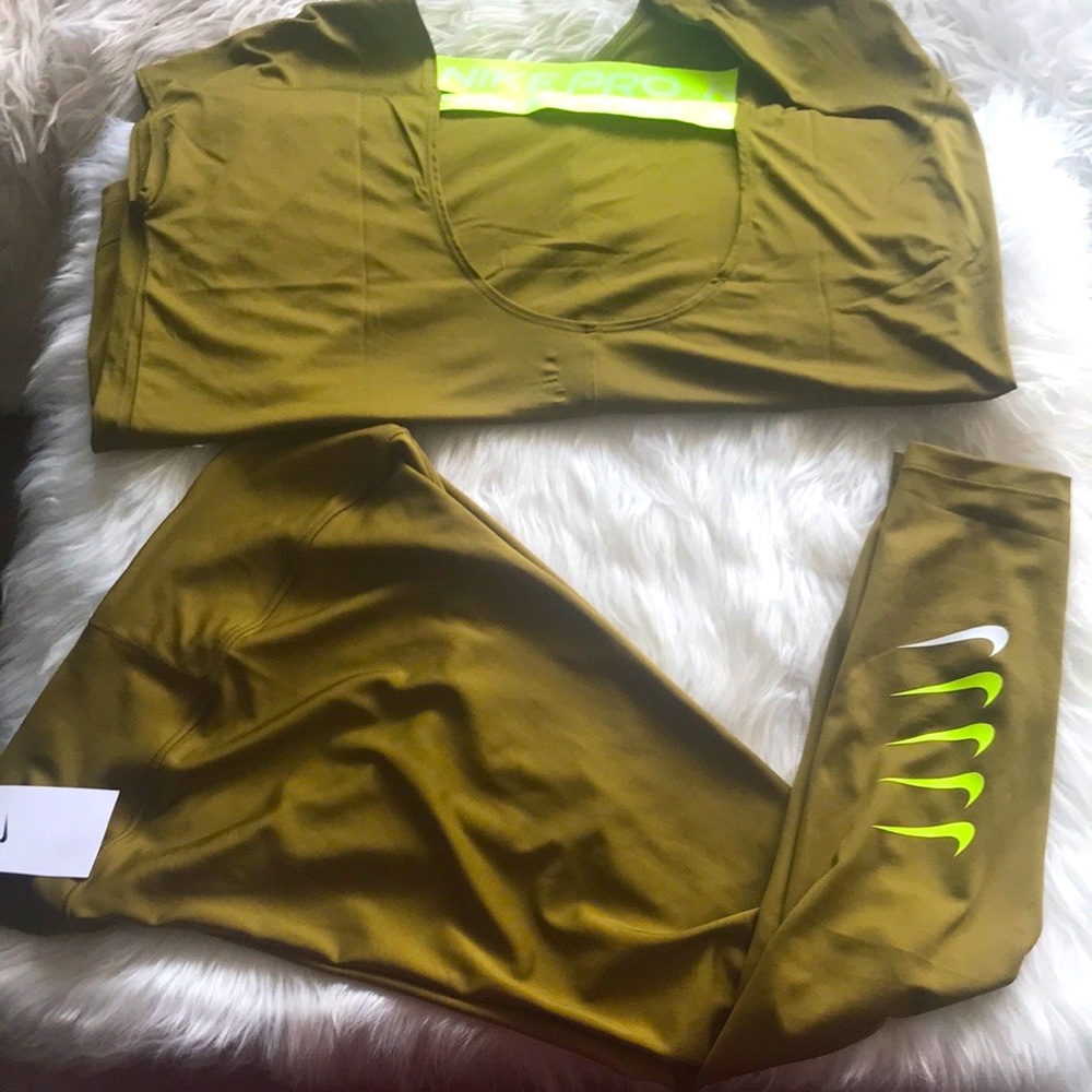 Nike Pro 2 piece Olive Green Tights/Shirt Set - Picture 5 of 10